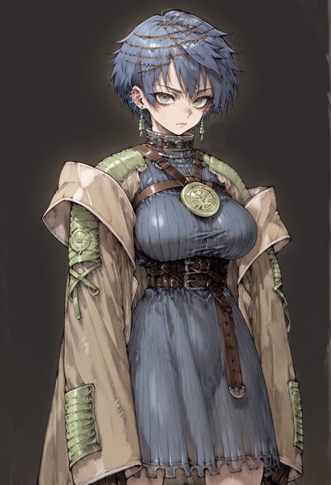 (toi8:1) , skinny, gritty, colorful, faux traditional media, (front view), 1girl, short hair, blue hair, hair ornament, earrings, jewelry, green eyes, high collar, medallion, harness, belt, blue dress, brown coat, standing, looking at viewer, serious, simple background, black background, <lora:Layna_Illus_tutorial:1> big breasts, masterpiece, best quality, amazing quality, very aesthetic, absurdres, highres, newest