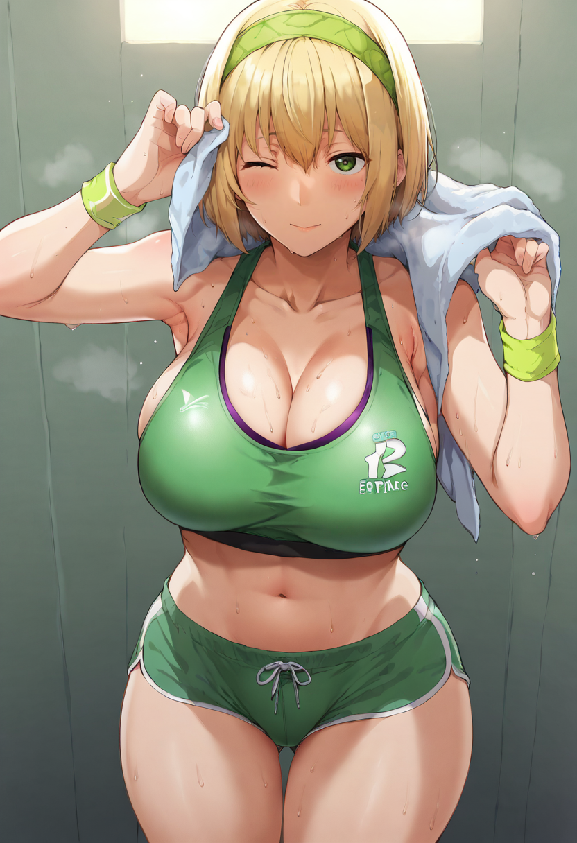 score_9, score_7_up,  1girl, 
huge breasts, wide hips, thick thighs, wristband, headband, midriff, green eyes, underwear, green shirt, cowboy shot, sweat, one eye closed, green headband, clothes writing, green shorts, wiping sweat, holding wrench, green wristband, solo, sportswear, purple wristband, cleavage, blonde hair, holding, wiping face, short hair, armpits, shorts, pink sports bra, blush, sports bra, looking at viewer, closed mouth, towel, collarbone, shirt, navel, thighs, breasts, bob cut, smile
 <lora:syatey-Style-PonyXL-GLoRA-000047:1>