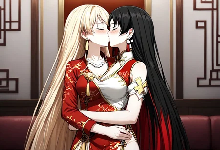 8K, HD,<lora: Two_heads_XL_anime_trained_edition_for_pony:1.1>, easynegative, conjoined, Japan anime, two heads, BREAK female, random color hair, random ((short hair, very long hair, very long straight hair, wave hair, thick hair, furry hair)), ((2 different hairstyles)), ((2 tones color of hairstyles)), (((2 tones color hair))), ((human)), anime, BREAK female, rival team color, (((2 conjoined princess from 2 different countries))), (((((2 tone color outfit, contrasting left and right outfit, asymmetrical design with varying styles on left and right, dual-style outfit, separate outfit design for left and right sides, ))))), (((left half Chinese Style and right half England style, dual-style outfit left side Red silk qipao with gold embroidery and Gold tassel earrings, right side Tweed blazer with a white blouse and Pearl necklace))), look at each other, face to face, kissing, eyes closed, shy mood, hugging, hug, lady, girl, indoor noble princess room background, lighting