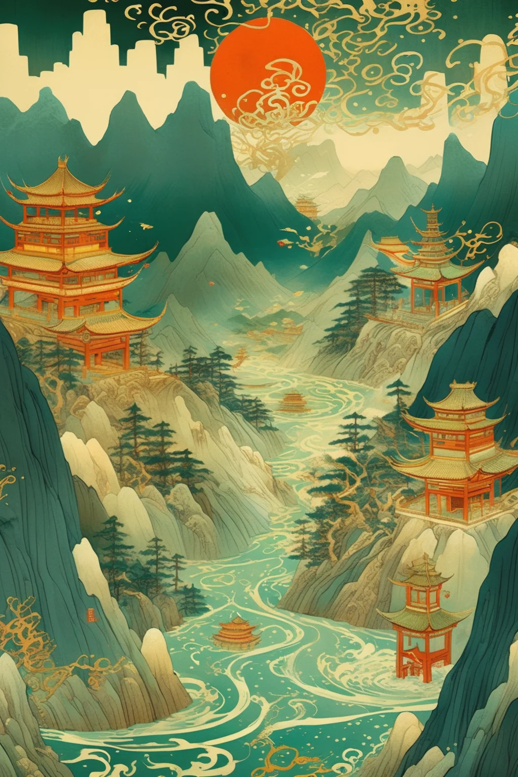 <lora:Victo Ngai Style:1>Victo Ngai Style - imagine illustrated by Guochao by Victo Ngai.The mountains of China are unbroken and the rivers meanderIn the distance the sky is blue, in the near distance dense forests and lush green meadows.The rivers alisten in the sunlight. On the mountainsidesancient villages and temples stand firmly on the landClouds float lightly between the mountains.Asthe sun sets,the colour of the mountain tops and clouds fades to gold and orange
