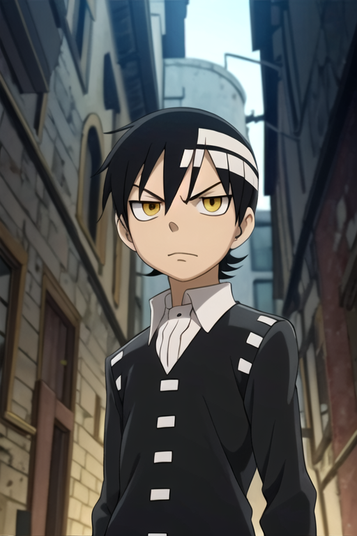 masterpiece, best quality, movie still, 1boy, solo, male focus, looking at viewer, upper body, , anime coloring, , <lora:death_the_kid_soul_eater:0.68>, death_the_kid_soul_eater, black hair, yellow eyes, , , new wave science fiction, HD