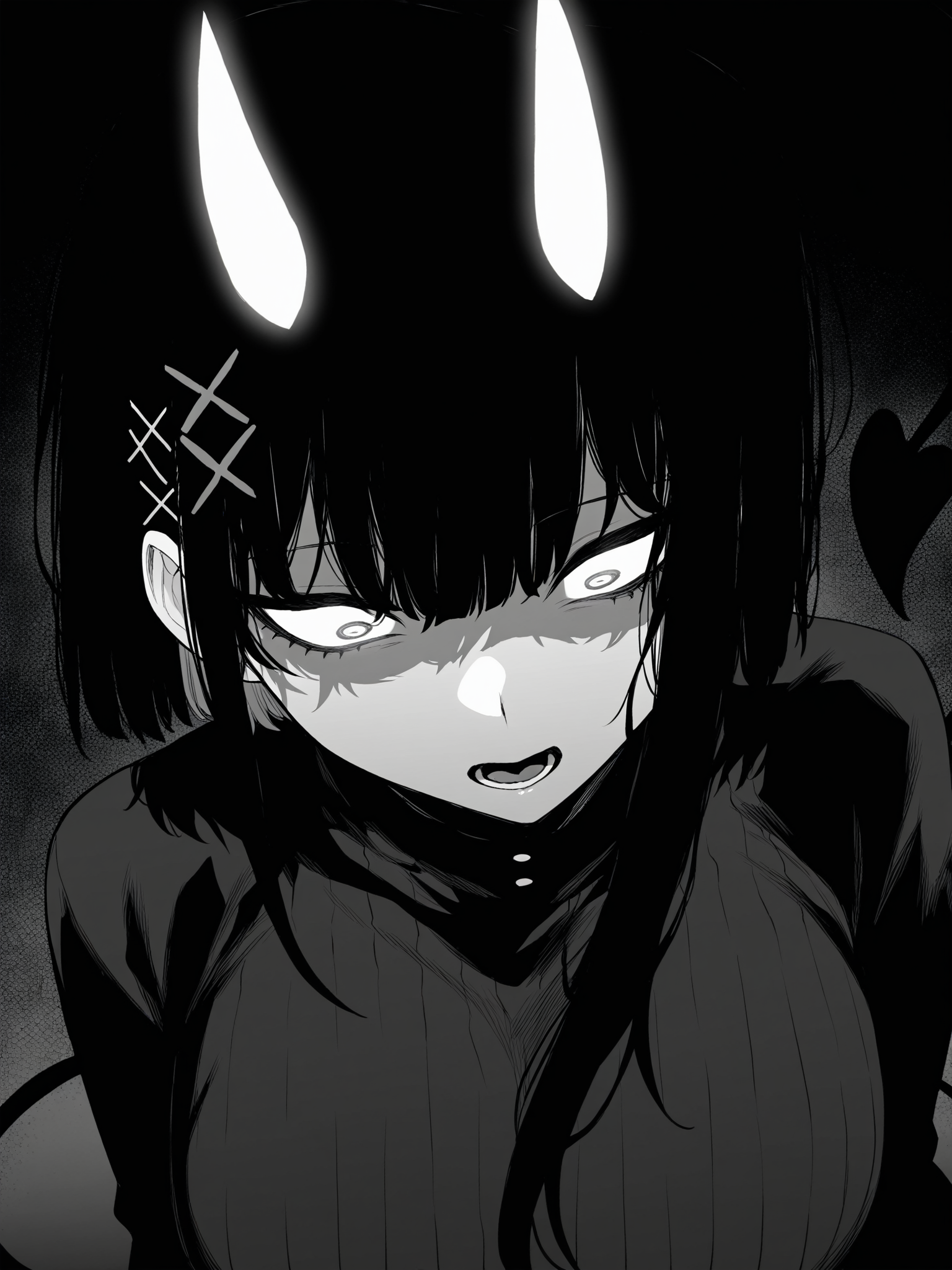 highres,hi res,best quality,masterpiece,intricate details,absurdres,4k,anime screencap,anime coloring,<lora:jiunssyuV1:1>,
jiunssyu,greyscale,monochrome,1girl,tail,demon tail,large breasts,demon horns,demon girl,hair ornament,x hair ornament,black hair,
parted lips,constricted pupils,glowing eyes,glowing horns,head down,lower teeth only,shaded face,
backlighting,dark,night,horror \(theme\),black background,
