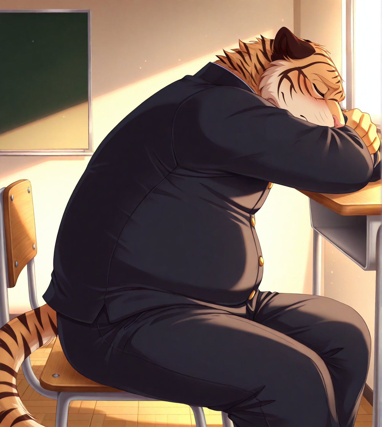 (solo), anthro, furry, male, male focus, solo, junTA, chubby, shy, gakuran, looking at viewer, classroom, Japanese classroom, side view, head on desk, sleeping, sitting, chair, lying, on desk, closed eyes, 
BREAK masterpiece, best quality, amazing quality, very aesthetic, high resolution, ultra-detailed, absurd res, newest, scenery, <lora:JunTA:0.8>