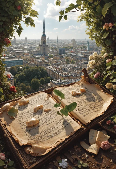 st petersburg cityscape, old city, valise, notes on a piece of old paper, tchaikovsky, broken violin, architectural capriccio, overlay, blurring, realistic graphics, hyper-realistic, professional photo, prism studio,blender