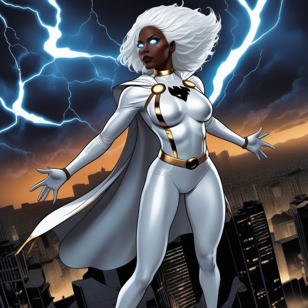 comic a black woman, full body, with white hair, white superhero suit, storm, white eyes, flying over a city, powerfull in the rain, dramatic, masterpiece <lora:Storm1024-000105:0.8> . graphic illustration, comic art, graphic novel art, vibrant, highly detailed
