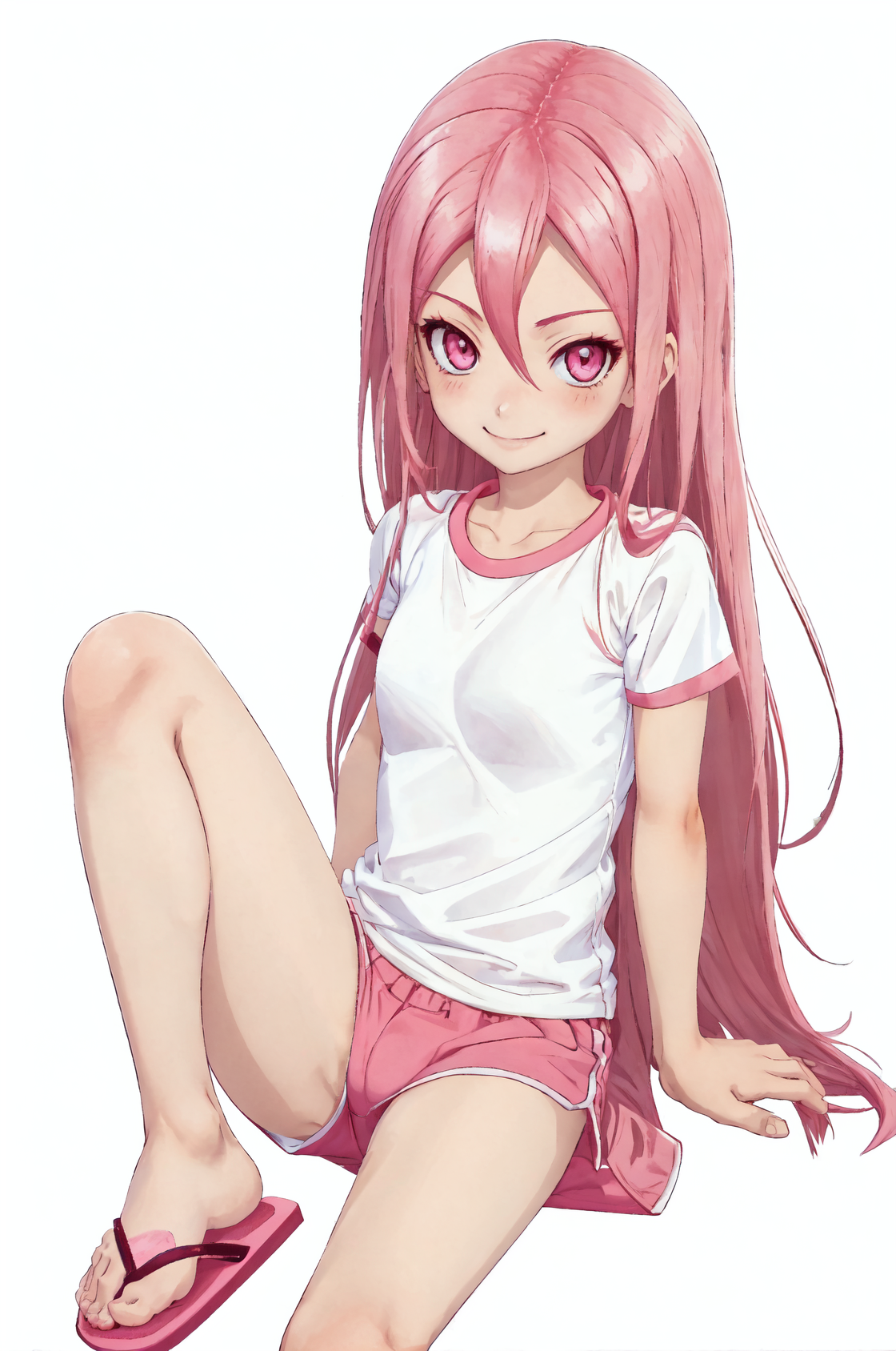 luciaPangya, long hair, pink hair, pink eyes,
1girl,
startSet, gym uniform, red buruma, shirt, sandal,
looking at viewer,
sitting on floor, wariza,
smile,
((white background)),
<lora:luciaPangyaV1.6-000007:0.83>