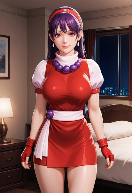 masterpiece, quality,worst,anime colouring, Athnea96, purple hair, long hair, red hairband, beads, red vest, white puffy sleeves, red skirt,belt,miniskirt,fingerless gloves,3d, realistic,large breasts,Smile,closed mouth, Interior, room, bed, dark room, window, night light,cowboy shot,
