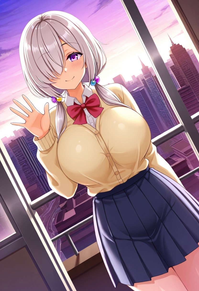 general,highres, ultra-detailed,very aesthetic,best quality ,best hands,best eyes,easynegative,
dynamic anglre, dutch angle, anime cloring,
1girl solo,looking at viewer,city,smile, waving hand, 
Rilith,grey hair, hair over one eye, low twintails, hair_ornaments,purple_eyes, huge_breasts,school uniform,