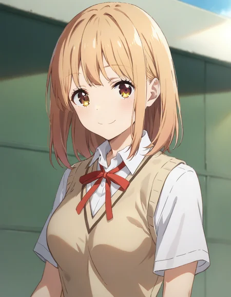 score_9,score_8_up,score_7_up,score_6_up,BREAK official art,solo,outdoors,smile,upper body,(portrait:1.5),cheek-to-cheek,looking at viewer,facing viewer,Yamada Yui,medium hair,blond hair,bangs,brown eyes,school uniform,neck ribbon,red ribbon,sweater vest,beige vest,white shirt,collared shirt,medium breasts,skindentation,short sleeves,miniskirt,red skirt,plaid skirt,pleated skirt,black socks,uwabaki,white footwear,<lora:Yamada Yui(asagao)-Pony · v2.0:1.2>,<lora:Smooth Anime Style LoRA XL:0.8>,