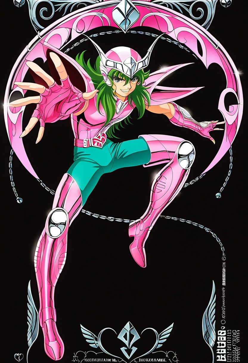 score_9, score_8_up, score_7_up, source_anime, masterpiece, best quality, 1boy, solo, andromeda shun, anshun, slim, pink sleeveless armor, long wavy green hair, pink helmet with two prongs and silver accents, pink vambraces, large pink pauldrons, fingerless pink gloves, pink thighhigh greaves, green pants, pink boots, stylized belt buckle with silver and pink accents, andromeda (symbol), black background, demoniac, dark, chiaroscuro, low-key, dynamic pose