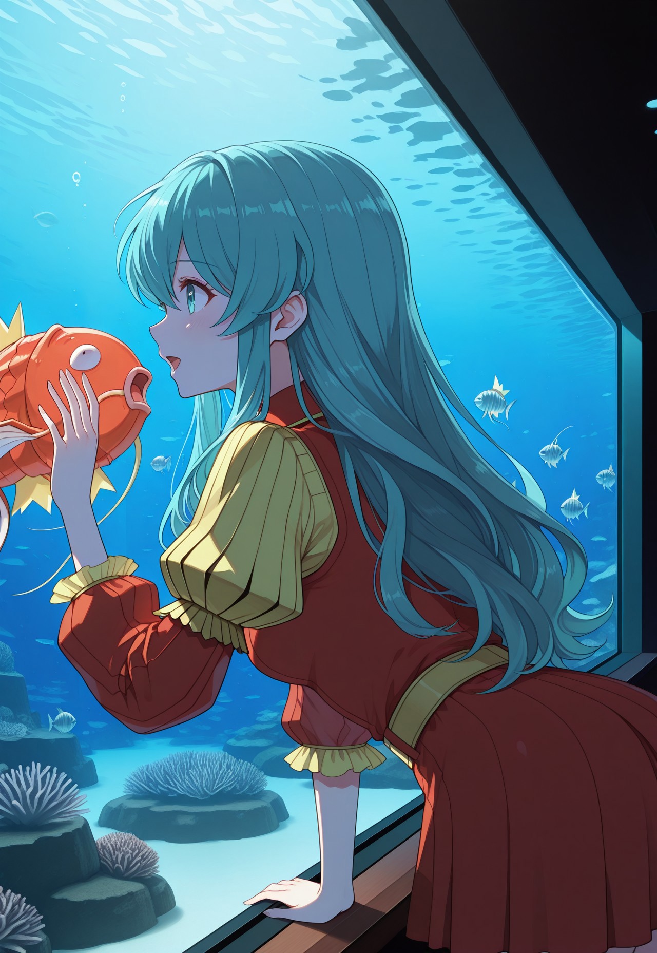 1girl, eirika, fire_emblem, excited, open mouth, 4qu4r1um, fish, aquarium, underwater window, hand on window, leaning forward, from side, profile,PKMN_Magikarp
BREAK,
BREAK, (masterpiece:1.2), (best quality:1.2), (very aesthetic:1.2), (absurdres:1.2), (detailed background),newest, dynamic light, (best quality), (heavy lines, black outline), ((intricate details)), (beautiful, ultra-detailed, vibrant colors, high saturation), best quality, 2020s, highres, very awa,