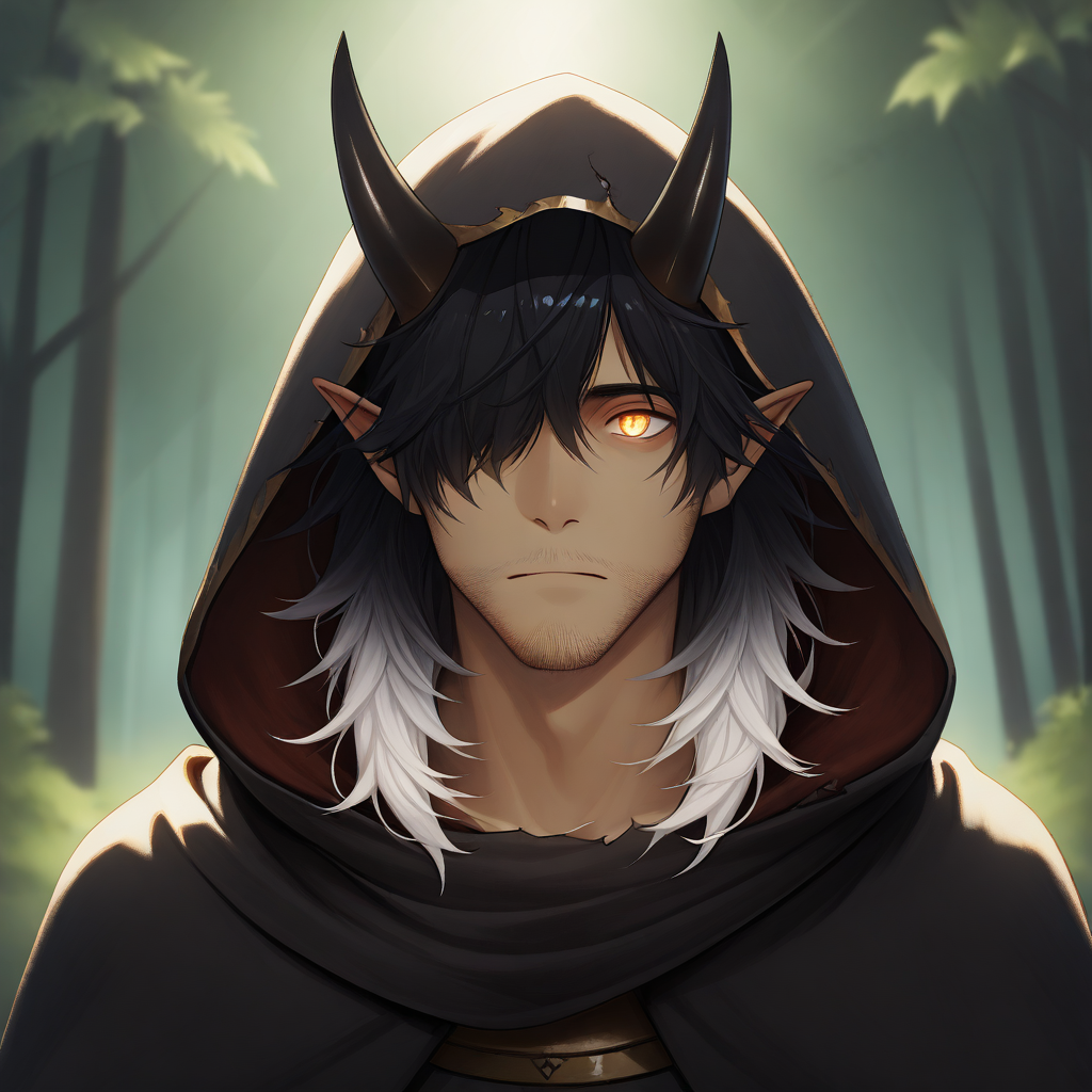 (masterpiece), best quality, fine details, clothing textures, depth of field, dim lighting, high quality, thick outlines, (1boy, male, adult, stubble), (black hair), gradient hair, (white hair:0.9), hair over left eye, medium hair, messy hair, adventurer, ((tattered cape, ruined cape), black cape, hood up), adventurer clothes, portrait, slit pupils, pointy ears, golden eyes, oni horns, black horns, light skin, forest, outdoors, day, zyrn0x-2.5d