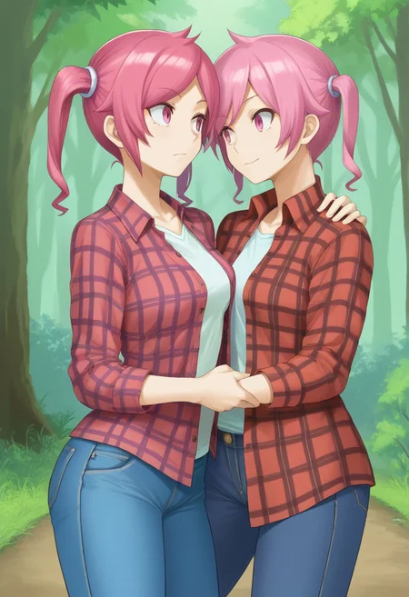 Akiho_Rindou, pink hair, twintails, pink eyes, red flannel shirt, jeans, forest, highly detailed, csr style, mammoth_metal_style
absurdres, high quality, score_7_and_up