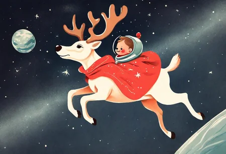 A reindeer floating in space, wearing a red and white cape, vintage color drawing, red nose, (4 legs:1.5), cute puppy riding