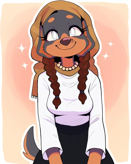 score_9_up, score_8_up, score_7_up, score_6_up, half-length portrait, dog, furry female, multicolored body, blind, brown headscarf, female, furry, tail, white eyes, medium breasts, braided pigtails, solo, happy, smile, three-quarter view, pearl necklace, necklace, black skirt, white topwear, simple background, white outline, <lora:Leah_Pines(AIM)_XL_v1:0.15> <lora:PDXL_artist_tags_v2_big:0.5> <lora:The-Minuscule-Task_PDXL_v1.0:0.6> <lora:Quelea_CanaryPrimary:0.7>