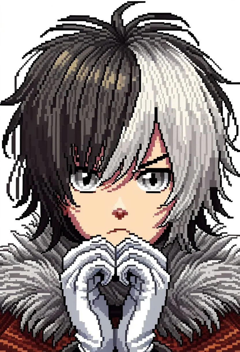 rpxdlzz, 1boy, bangs, black hair, brown hair, coat, fur trim, fur-trimmed coat, gloves, grey eyes, looking at viewer, male focus, multicolored hair, own hands together, portrait, serious, short hair, signature, streaked hair, third eye, two-tone hair, upper body, white background, white gloves, white hair, pixel art, 16bit, retro, pixelized, video game, game art, PIXELS PonyXLV6_Scores
