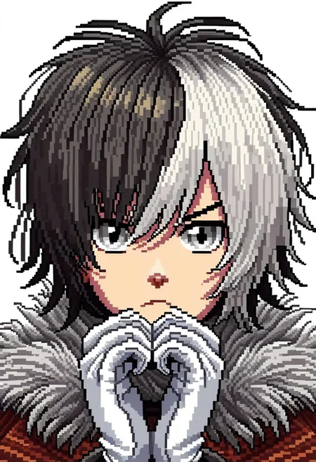 rpxdlzz, 1boy, bangs, black hair, brown hair, coat, fur trim, fur-trimmed coat, gloves, grey eyes, looking at viewer, male focus, multicolored hair, own hands together, portrait, serious, short hair, signature, streaked hair, third eye, two-tone hair, upper body, white background, white gloves, white hair, pixel art, 16bit, retro, pixelized, video game, game art, PIXELS PonyXLV6_Scores
