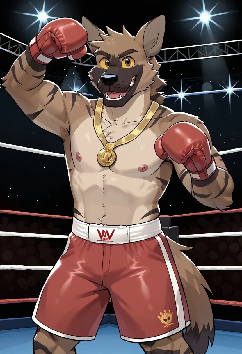 score_9, score_8_up, score_7_up, solo, 1boy, (Redlinevn), hyena, yellow sclera, (dark gray eyes), happy, victory pose, arm up in air, gold medal, red boxing mitts, (red boxing shorts), boxing arena, boxing arena background, lights, background audience, indoors, hi res, 4k res, body movement, looking at viewer, pupils shown, detailed eyes, eyes focus, perfect eyes, perfect face, best artwork, highly detailed