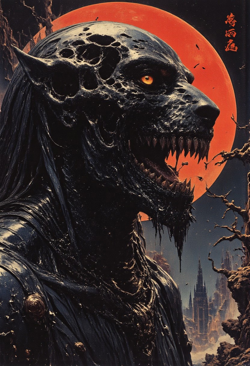 Off-center composition, right-aligned dynamic composition, an other wordly alien like monstrous skeletal creature, black glossy fractal skin leather texture, slimey, teeths, profile of a skeletal wolf with gaping jaws sharp teeth, disheveled fur fused half with a human set against a dark smoky background. The lighting accentuates the bone's texture and eerie atmosphere, cinematic film still, shallow depth of field, vignette, highly detailed, high budget, bokeh, cinemascope, moody, epic, gorgeous, film grain, grainy, cyberpunk style, glowing eyes, weird creature, blood moon in the background, Attack mode, hunting, on the move