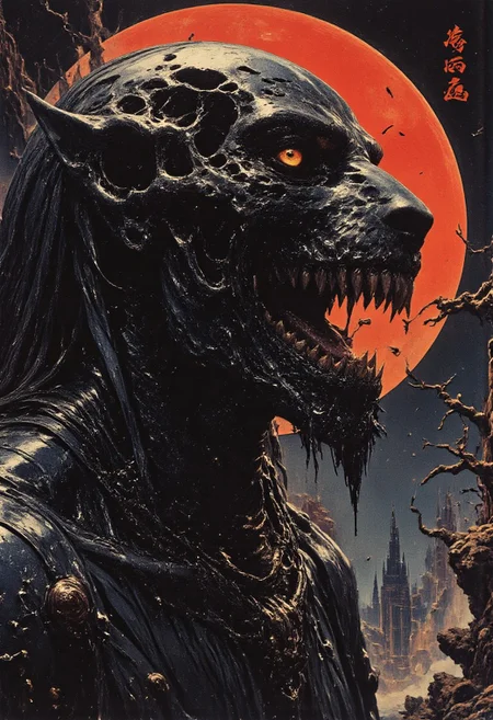 Off-center composition, right-aligned dynamic composition, an other wordly alien like monstrous skeletal creature, black glossy fractal skin leather texture, slimey, teeths, profile of a skeletal wolf with gaping jaws sharp teeth, disheveled fur fused half with a human set against a dark smoky background. The lighting accentuates the bone's texture and eerie atmosphere, cinematic film still, shallow depth of field, vignette, highly detailed, high budget, bokeh, cinemascope, moody, epic, gorgeous, film grain, grainy, cyberpunk style, glowing eyes, weird creature, blood moon in the background, Attack mode, hunting, on the move