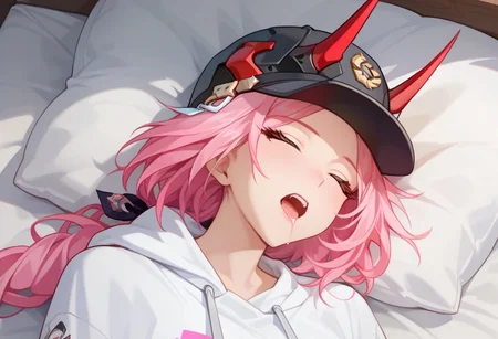 rappa_(honkai:_star_rail), 9, score_8_up, score_7_up, in bed, sleeping, snoring, open mouth, drooling, saliva on cheek, zzz, in bed, on back, cap, pink hair