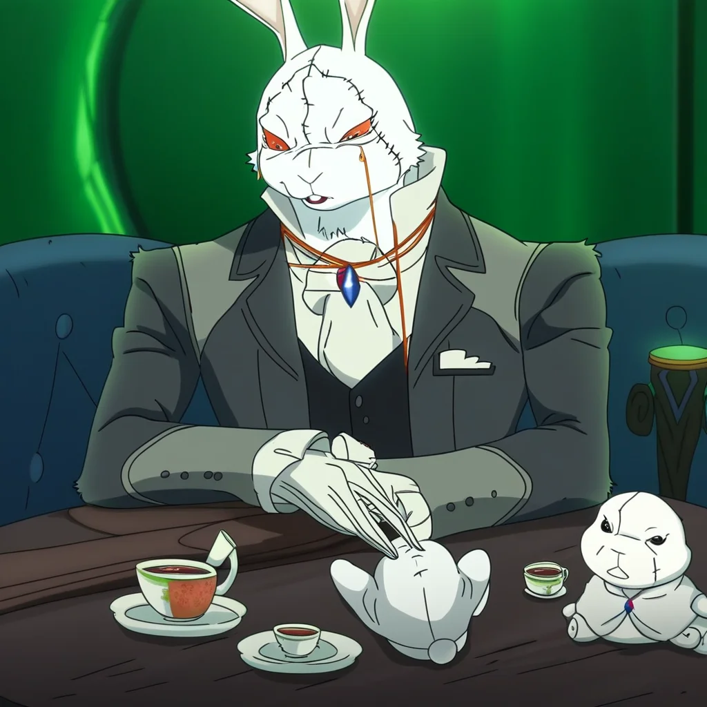 devil may cry, white rabbit, netflix, white fur, long ears, buck teeth, furry, demon, stitches, orange eyes, monocle, black suit, white gloves, amulet, BREAK, indoors, sitting, tea set, drinking tea, holding teacup, grinning, table, rabbit dolls
