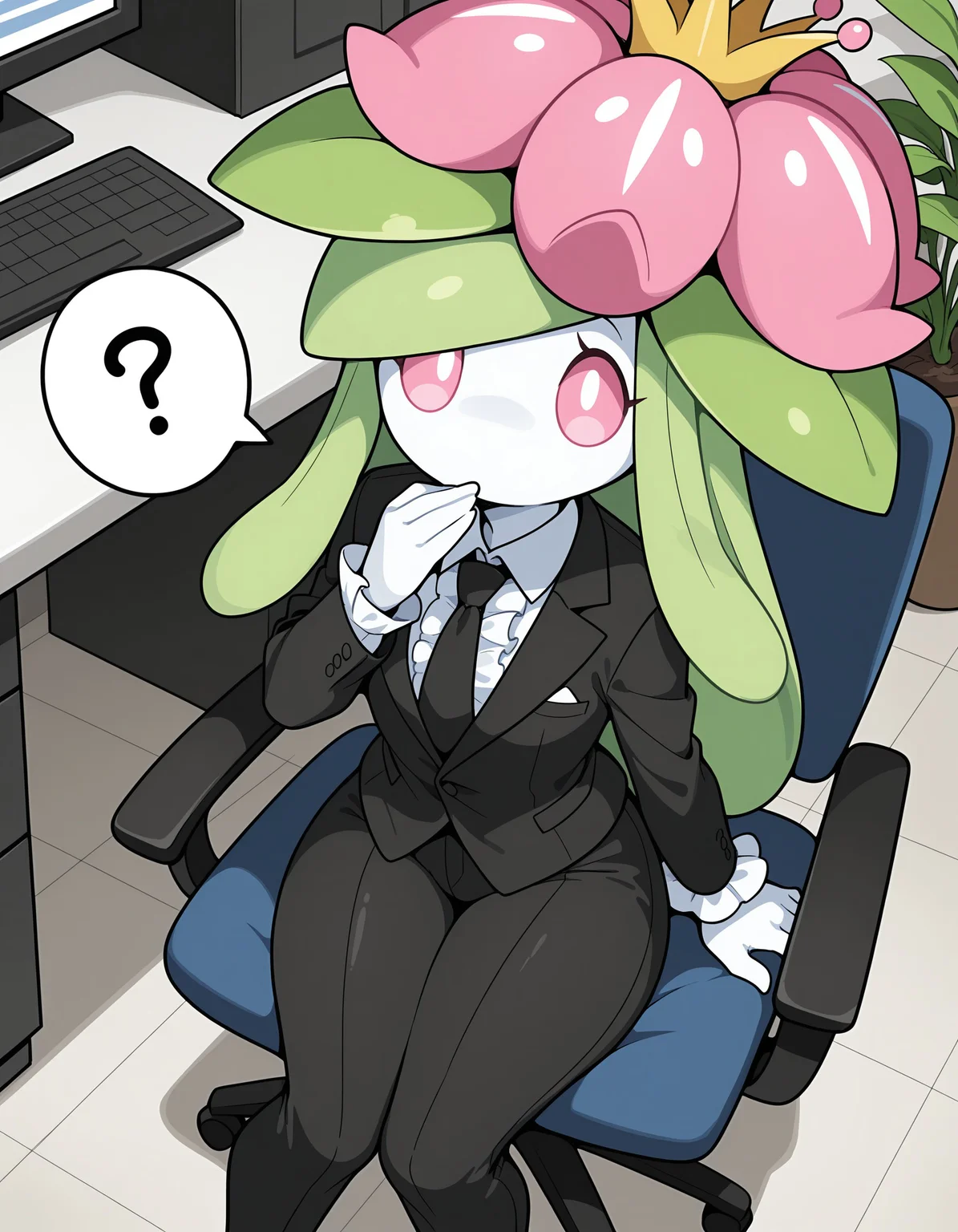 masterpiece, best quality, amazing quality, very detailed, newest, no humans, WnLlgnt, white skin, colored sclera, pink flower, pink eyes, pokemon \(creature\), solo, 1boy, male, male only, anthro, femboy, elegant, jewelry, suit, shirt, frills, necktie, office, sitting on a chair, plant girl, pants, gold, from above, above shot, hand up, spoken question mark, <lora:e1d95fb1-2374-4fef-a9fa-bfb60ce90f11:0.8>