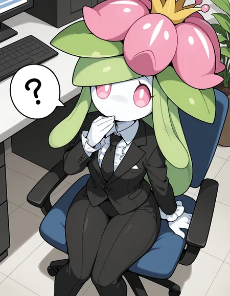 masterpiece, best quality, amazing quality, very detailed, newest, no humans, WnLlgnt, white skin, colored sclera, pink flower, pink eyes, pokemon \(creature\), solo, 1boy, male, male only, anthro, femboy, elegant, jewelry, suit, shirt, frills, necktie, office, sitting on a chair, plant girl, pants, gold, from above, above shot, hand up, spoken question mark, <lora:e1d95fb1-2374-4fef-a9fa-bfb60ce90f11:0.8>