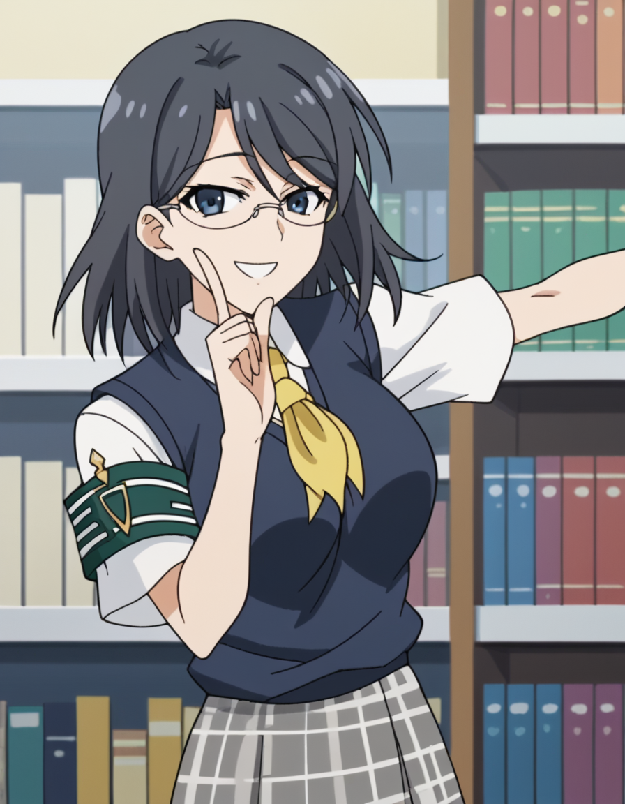 score_9, score_8_up, score_7_up, source_anime, <lora:mii-konori-s1-ponyxl-lora-nochekaiser:1>, mii konori, short hair, black hair, black eyes, glasses, hair between eyes, mature female, anime screencap,, skirt, school uniform, plaid skirt, armband, sweater vest, neckerchief, yellow neckerchief, green armband, pleated skirt,, library, books, shelves, reading, quiet, smile, <lora:hoshino-ruby-dance-ponyxl-lora-nochekaiser:1>, hoshino ruby dance, finger wagging, index finger raised, dancing, outstretched arm,, looking at viewer, solo,, dutch angle, cowboy shot