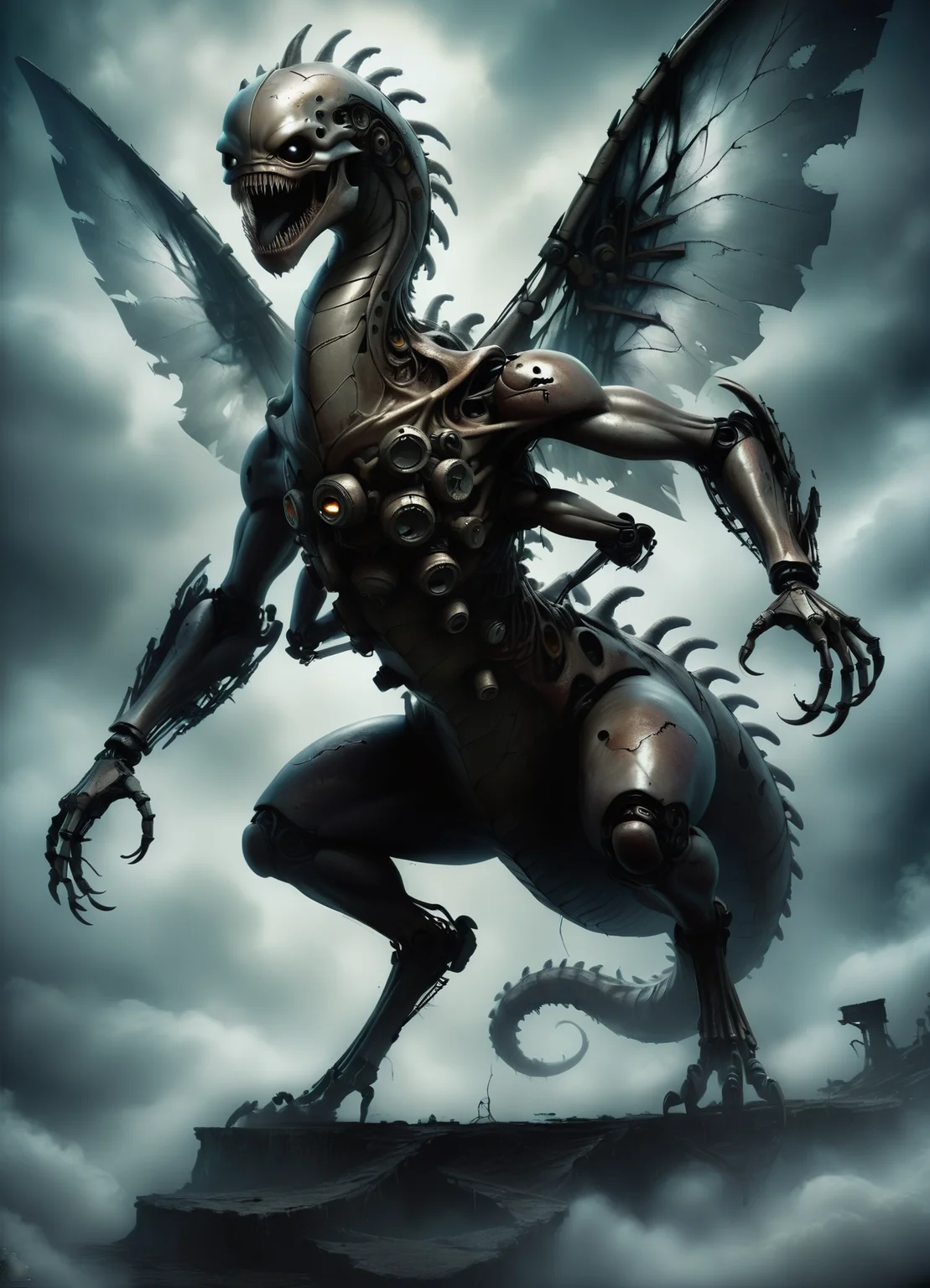 DonMGl00myN1gh7m4r3XL,score_9, score_8_up, score_7_up, score_6_up, gigantic mythical extraterrestrial polished ethereal creature, hexapod multipedal, hoofed, trifurcated-tailed, spiked-tailed, slick skin, slit ears, mechanical wings made of gears and cogs and clockwork, , , creepy, gloomy, rating_safe <lora:DonMGl00myN1gh7m4r3XL:0.65>