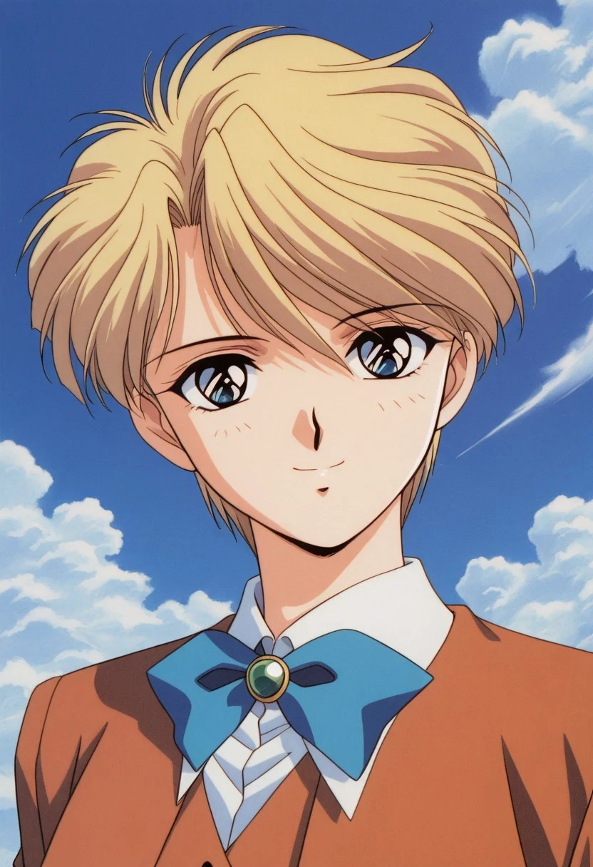 masterpiece, best quality, source_anime,official art,perfect_anatomy,1990s_\(style\),retro_artstyle,yui hongo,1girl,blue eyes,blonde hair,short hair,very short hair,school uniform,ribbon,looking_at_viewer,smile,upper body,day,blue_sky,cloud