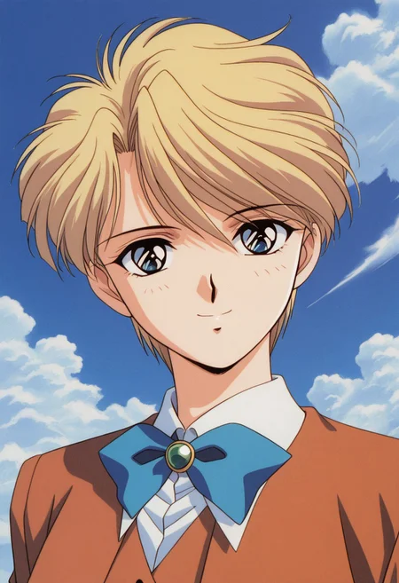 masterpiece, best quality, source_anime,official art,perfect_anatomy,1990s_\(style\),retro_artstyle,yui hongo,1girl,blue eyes,blonde hair,short hair,very short hair,school uniform,ribbon,looking_at_viewer,smile,upper body,day,blue_sky,cloud
