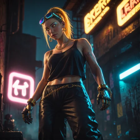 score_9,score_8_up,score_7_up,score_6_up, mechanical parts,  cyberpunk 2077, cyborg, reverb, music, cool,
ponytail, bangs, view from below,  cyberpunk, night time, fog,  bright lighting,  iridescent glow, glowing eyes, gold jewelry, earrings, stud earrings, mechanical arms,  gold hair, neon, barbell piercing,  ear piercing,  eyewear on head, silhouette, realistic, detailed,
third quarter shot,1girl,backalley,graffiti,loose pants,chains,jewerly,golden chains,,rapper,((vintage radio)),front view,defiance look, source_photo,  <lora:glowneon_xl_v1:0.8> glowneon, glowing,, volumetric lighting, depth of field, cinematic, vibrant, shadows, detailed,