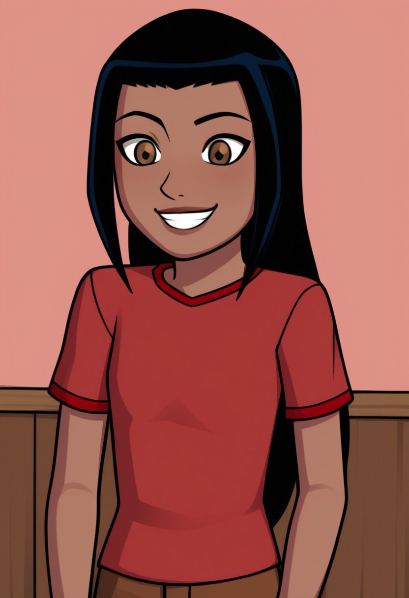 ss_style,ss_kai,1girl,solo,black hair,long hair,brown eyes,dark skinned,red shirt,short sleeves,brown shorts,upper body,smile