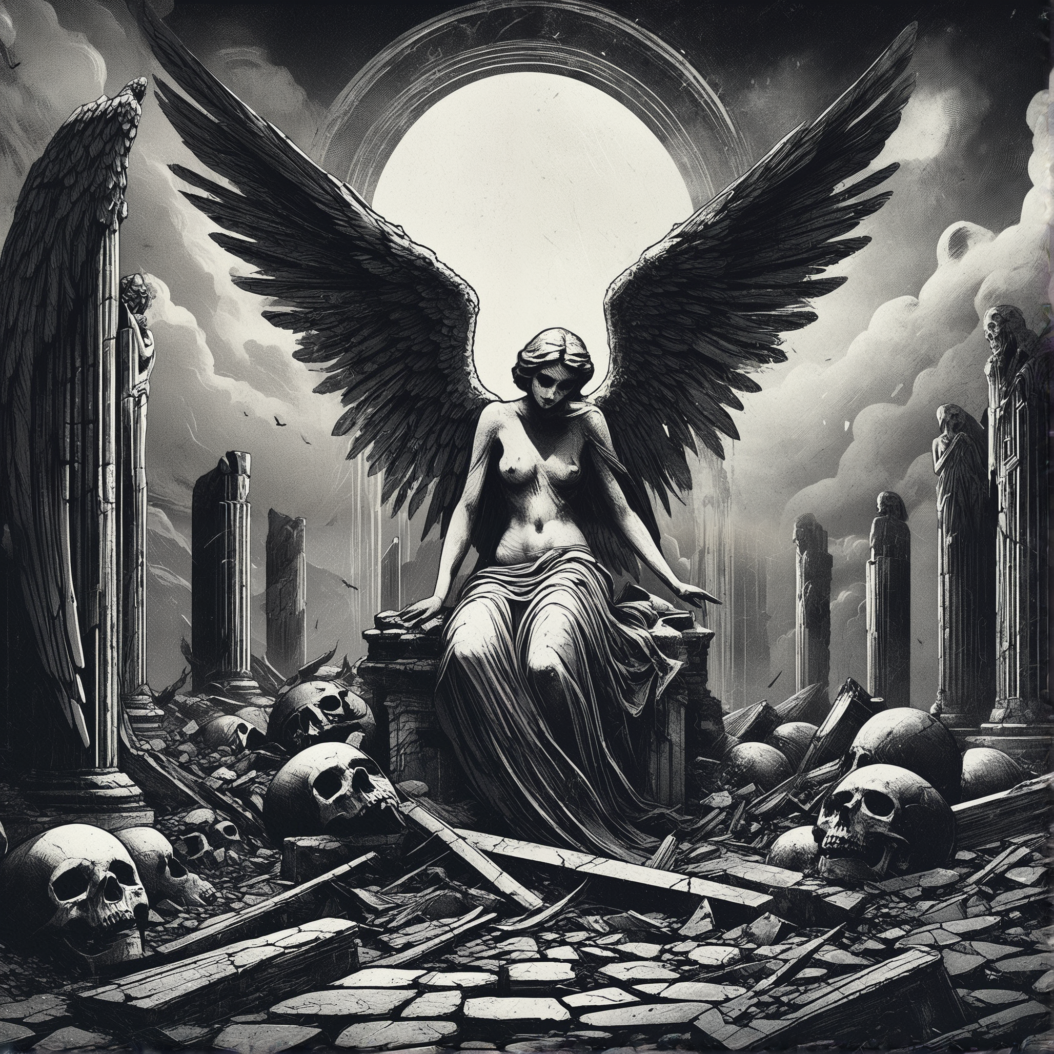gothic, digital illustration, flat colors, line art, heavy film grain, fallen angel statue, woman, pretty, large bare breasts, marble, broken wings, skeletons, ancient ruins, vast barren landscape, dark atmosphere, eerie
