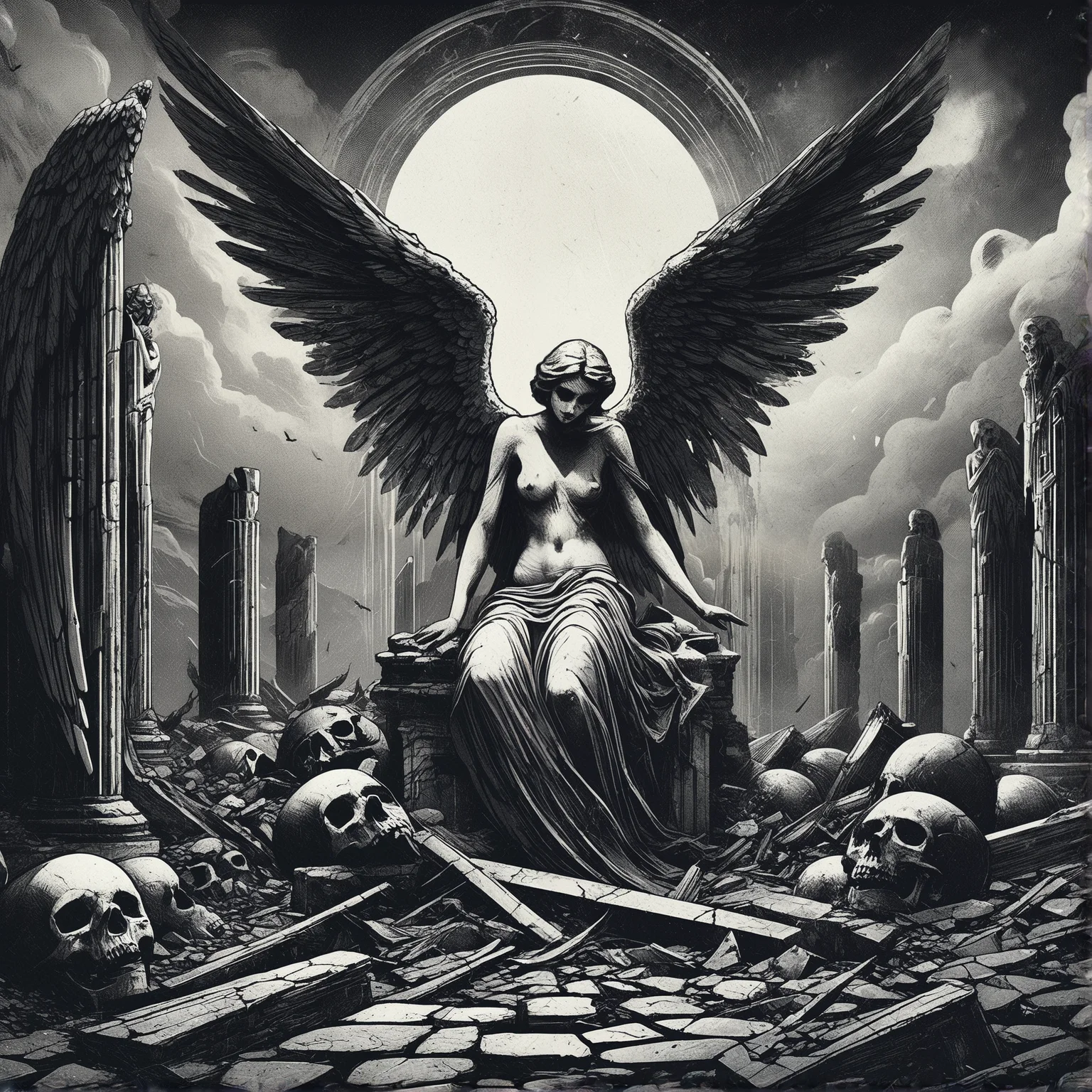 gothic, digital illustration, flat colors, line art, heavy film grain, fallen angel statue, woman, pretty, large bare breasts, marble, broken wings, skeletons, ancient ruins, vast barren landscape, dark atmosphere, eerie