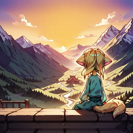 Dreamkeepers,1girl,Paige,solo,furry,tail,source_furry,blonde hair,
child, kid, , intricate linework with expressive contrasts, soft lighting with dynamic highlights, sitting in front of a tori gate at the top of a mountain, overlooking wooded hills, landscape, sunset. Impressionistic, ligne claire outlines for clarity and structure, In the style of ff-td