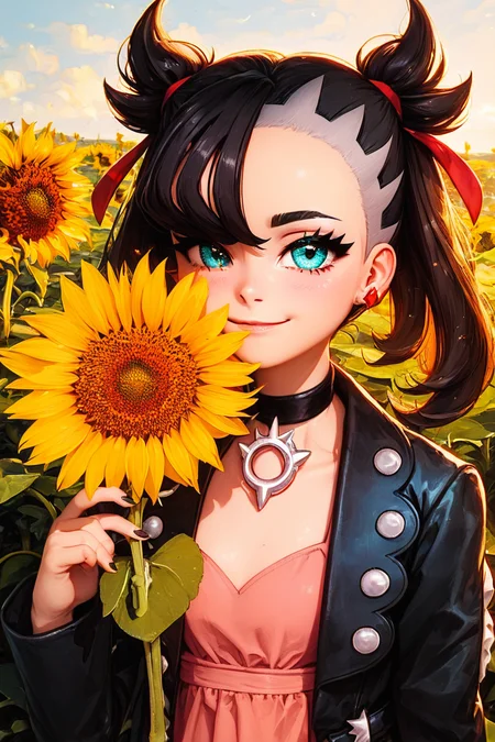 score_9, score_8_up, score_8, medium breasts, (curvy), cute, eyelashes, BREAK, , BREAK, zzMarnie, aqua eyes, black choker, black hair, red ribbon, pink dress, jewelry, black jacket, open clothes, long sleeves, <lora:MarnieP3:0.8>,, zzSunflower, upper body, outdoors, hand up, portrait, one eye covered, yellow flower, holding flower, <lora:Sunflower_PDXL_v2:0.8>, , BREAK, smile, looking at viewer, cowboy shot, embedding:zPDXL, Expressiveh, <lora:SDXLFaeTastic2400:0.5>, <lora:Expressive_H-000001:0.4>,