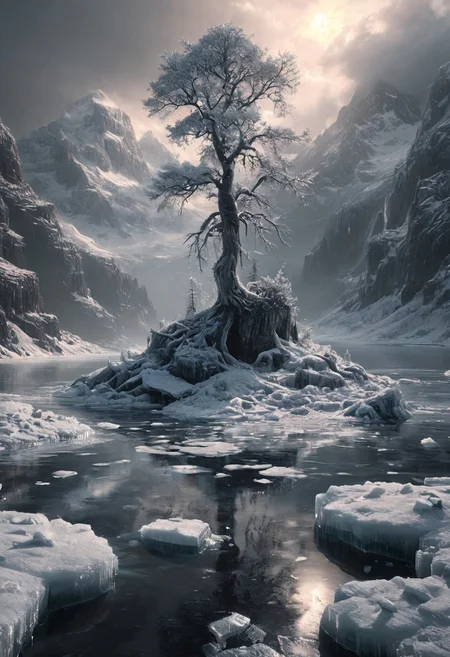 highly detailed, high quality, digital illustration, intricate details, light reflection, trending on artstation, volumetric lighting, extremely clear 8k wallpaper.
A little island covered in snow in a peaceful glacial lake. Dead trees on the island. At Dawn, pinkish hues on the landscape, Icy, Cold touch, peaceful atmosphere, Ground view. Sense of foreboding, (reflective volumetric), raytracing, absurdres.
scenery, gloomy, dark atmosphere, midjourneyv6.1, ais-icebaby