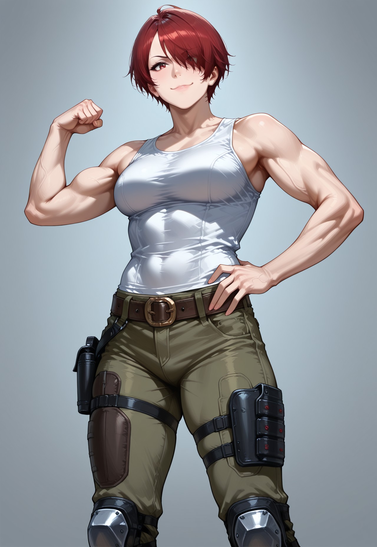 masterpiece, best quality, detailed, realistic, smug, 1girl, solo, tweedre, red hair, short hair, hair over one eye, tank top, pants, knee pads, belt, holsters, flexing bicep, hand on hip, 