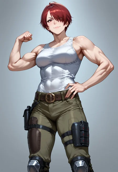 masterpiece, best quality, detailed, realistic, smug, 1girl, solo, tweedre, red hair, short hair, hair over one eye, tank top, pants, knee pads, belt, holsters, flexing bicep, hand on hip,