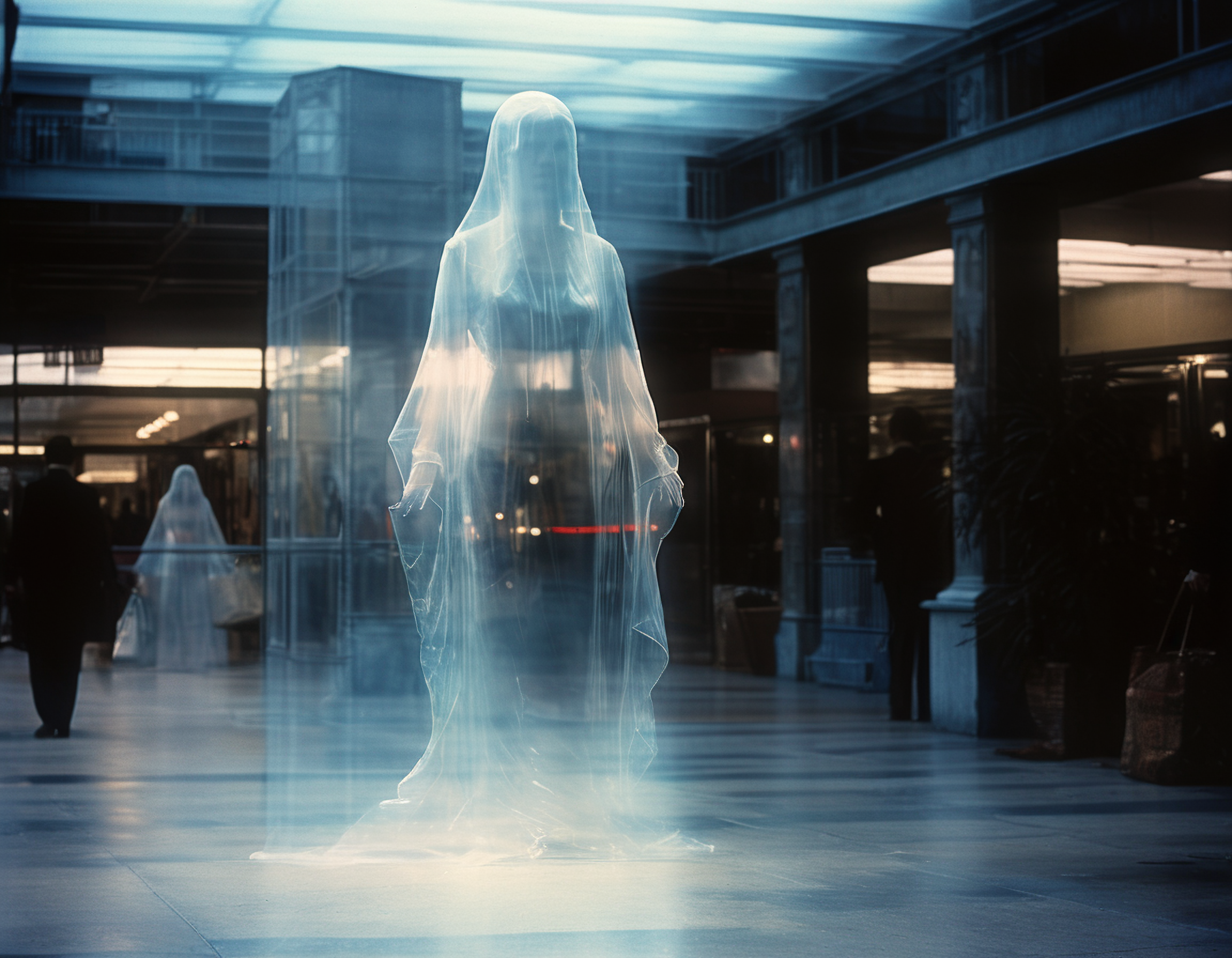 Still from 1972 british comedy film, photo of a transparent translucent beautiful ghost woman with black translucent clothing in a shopping mall