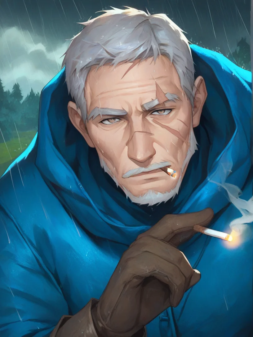 (score_9, score_8_up:1.1), score_7_up, masterpiece, <lora:Indigo_Elder_Limbus_Company:1>, IIndigoElder, solo, looking at viewer, short hair, grey hair, beard, scars on face, gloves, 1boy, holding harpoon, male focus, blue coat, facial hair, rain, blue cigarette, old male, mature male, wrinkles, smoking, cigarette in mouth, grey eyes