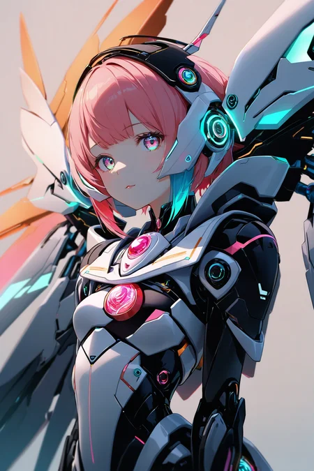 Jed-rbt, seraph, 1girl, cinematic angle, :3, looking at viewer, scifi hair ornaments, energy hair, brooch, mechanical wings, screws, cables, led lights, glowing, Futuristic, chromatic aberration, Kawaii, [(blue-white background:1.2)::0.2], (neon luminescence background:1.2), illustration, incredibly absurdres, ultra detailed, masterpiece, best quality,[<lora:detailed_notrigger:0.95>::0.5], [:<lora:detailed_hands:1.05>:0.5],<lora:RoboStyle:1>
