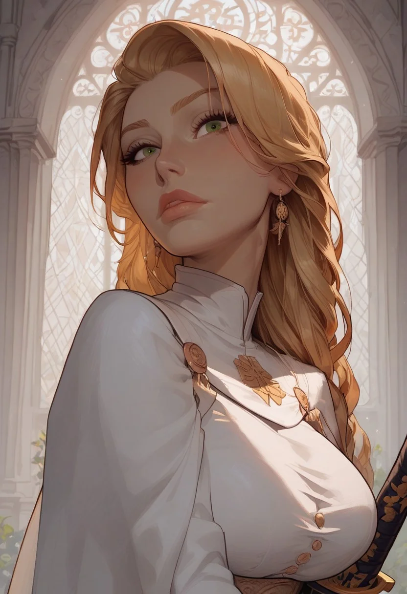 score_9, score_8_up, score_8. score_9, score_8_up, score_7_up, score_6_up, masterpiece, 4k, high quality, (best quality:1.3), ((face focus, eye focus)), close up,
alone, solo, 1girl, 30 year old female, mature, milf, very long blonde hair, straight-bangs, green eyes, (Sabrina Nichole), mature, seductive, knight,
white golden lined Knight armor, white golden lined long sleeves, white golden lined thigh highs and heels, white golden lined bandeau, white golden lined pelvic curtain, massive teardrop breasts, round teardrop breasts, perky teardrop breasts,
white cloak over armor), (((brandishing a sword))), holding a sword, ornate european sword, longsword, looking off camera, looking down, golden cathedral background, half body, volumetric lighting, cinematic lighting, aesthetic design, dramatic angle, dramatic framing, cinematic framing, posing at an angle, side face profile, side face, side face angle, face from side, staring at viewer
BREAK
medieval village, woods, park
