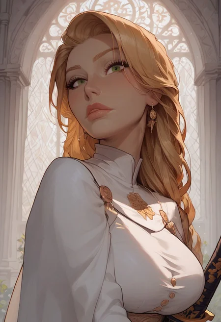 score_9, score_8_up, score_8. score_9, score_8_up, score_7_up, score_6_up, masterpiece, 4k, high quality, (best quality:1.3), ((face focus, eye focus)), close up,
alone, solo, 1girl, 30 year old female, mature, milf, very long blonde hair, straight-bangs, green eyes, (Sabrina Nichole), mature, seductive, knight,
white golden lined Knight armor, white golden lined long sleeves, white golden lined thigh highs and heels, white golden lined bandeau, white golden lined pelvic curtain, massive teardrop breasts, round teardrop breasts, perky teardrop breasts,
white cloak over armor), (((brandishing a sword))), holding a sword, ornate european sword, longsword, looking off camera, looking down, golden cathedral background, half body, volumetric lighting, cinematic lighting, aesthetic design, dramatic angle, dramatic framing, cinematic framing, posing at an angle, side face profile, side face, side face angle, face from side, staring at viewer
BREAK
medieval village, woods, park