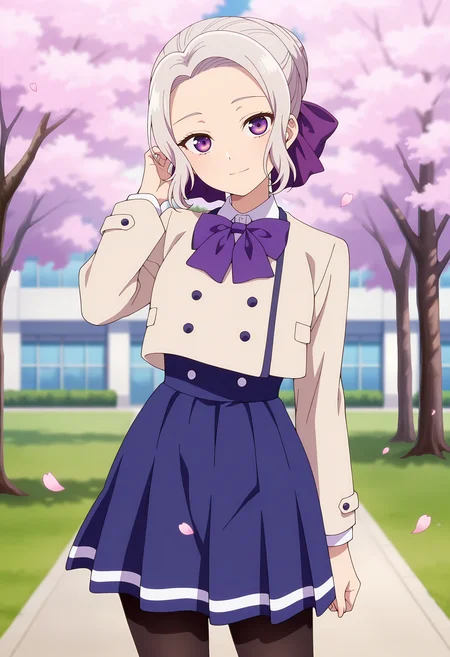anime screencap, masterpiece, best quality,
<lora:KanojoMoKanojo_KiryuuShino_IlluXL:0.9>,
1girl, solo, closed mouth, light smile, head tilt, adjusting hair,
short hair, grey hair, parted bangs, forehead, purple eyes, single hair bun, hair bow, purple bow,
ShinoSchool, blazer brown jacket, purple bowtie, buttons, long sleeves, 
high-waist skirt, pleated skirt, blue skirt, black pantyhose,
standing, looking at viewer, cowboy shot,
outdoors, petals, cherry blossoms, school, grass, blurry background
