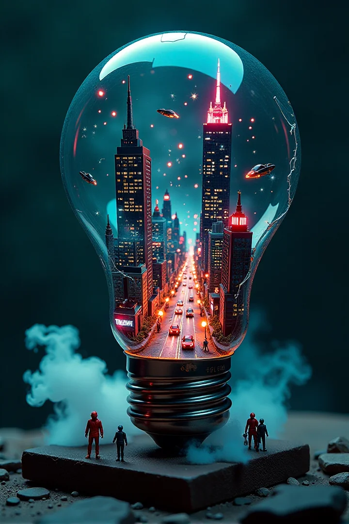 VintageSketch style, YFG-Asak, A hyper-detailed miniature diorama of a futuristic cyberpunk city built inside a broken light bulb. Neon-lit skyscrapers rise within the glass, with tiny flying cars zipping between buildings. The streets are bustling with miniature figures, glowing billboards, and tiny street vendors selling holographic goods. Electrical sparks flicker from the bulb's shattered edges, blending technology with an otherworldly vibe. Mist swirls around the base, giving a sense of depth and mystery. The background is dark, enhancing the neon reflections on the glass, creating a mesmerizing sci-fi atmosphere.âââ