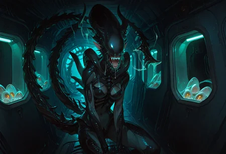 masterpiece, best quality, hyper-realistic, ultra-HD, luminous lighting, cinematic ambiance, shimmering gradients, ethereal glow, deep contrast, rich color tones, seductive atmosphere, captivating sensuality, Cinematic Lighting,
BREAK
raytracing, volumetric lighting, ambient occlusion, Background, xenomorphs
BREAK
ryu, teal scales, eastern dragon horns, pointy ears, green eyes, long eyelashes, makeup, solo,
glass, see-through, skulls, portraits,
BREAK
A chilling scene unfolds in a dimly-lit industrial corridor, where the iconic xenomorph from the Alien franchise has cunningly concealed itself within an air duct. Its elongated, biomechanical form is contorted yet eerily poised, occupying the seemingly innocuous air vent. The slick, black exoskeleton, adorned with menacing ridges and a tail curled beneath it, blends seamlessly with the duct's shadowy interior. Only its distinctive dome-like head, partially open mouth revealing a set of inner jaws, pierces the veil of darkness. Glistening drool and the movement of its secondary jaws suggest a high state of alertness, ready to strike.
The xenomorph’s piercing yellow eyes reflect the flickering emergency lights of the corridor, hinting at its imminent intent. The vent's mesh serves as a sinister cage, unable to contain the creature's malevolent presence that emanates from every rivet and crevice. Tension swells as viewers anticipate the creature's imminent pounce, ready to unfurl from its hiding place. Surrounded by Alien eggs.