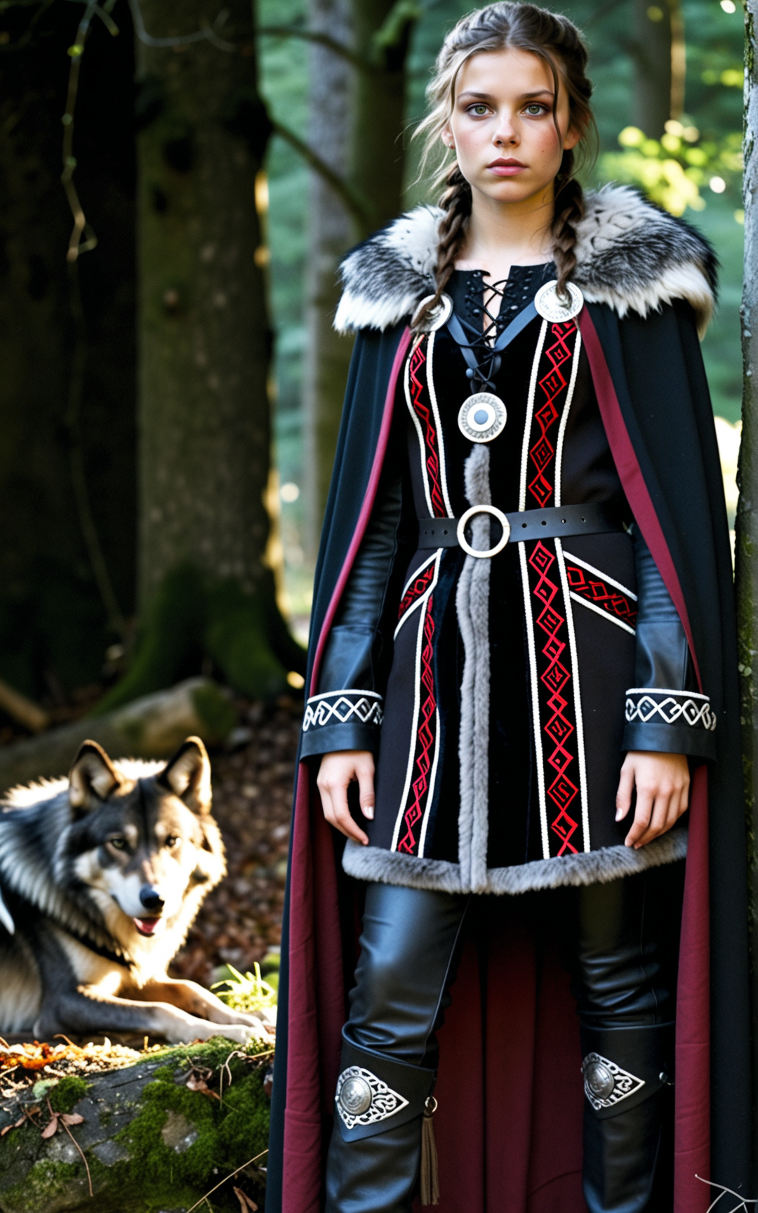1girl,French, Princess Gisla from the TV series Vikings, Morgane Polanski, 20yo, brown hair, long hair, brown eyes, serious look, slim, small breasts, A high status chieftainâs attire in obsidian black, stormy gray, and deep crimson, consisting of a thickly woven tunic with metallic thread embroidery. A grand wolf fur cloak, fastened by twin silver brooches, drapes over the shoulders. Paired with sturdy leather leggings and hand wrapped hide boots.,